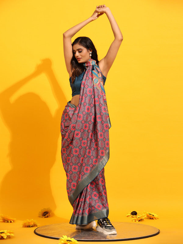 Red Silk Blend Woven Zari Design Geomatric Saree with Unstitched Blouse - Hiral Fashion | Grocsy