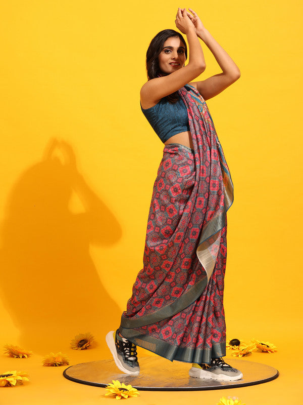 Red Silk Blend Woven Zari Design Geomatric Saree with Unstitched Blouse - Hiral Fashion | Grocsy