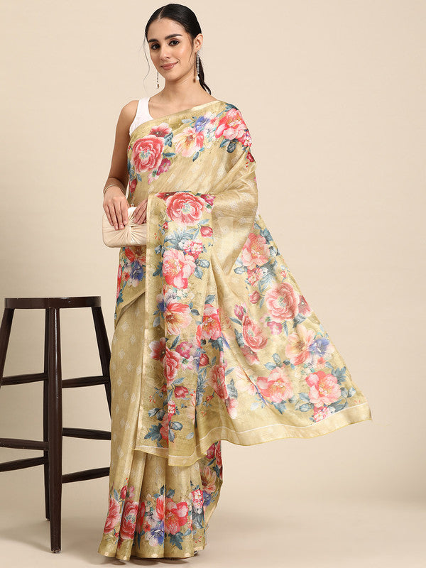 Beige Cotton Blend Digital Print Floral Saree with Unstitched Blouse - Hiral Fashion | Grocsy
