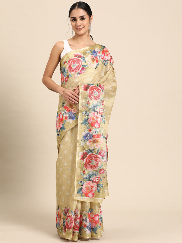 Beige Cotton Blend Digital Print Floral Saree with Unstitched Blouse - Hiral Fashion | Grocsy