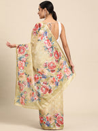 Beige Cotton Blend Digital Print Floral Saree with Unstitched Blouse - Hiral Fashion | Grocsy