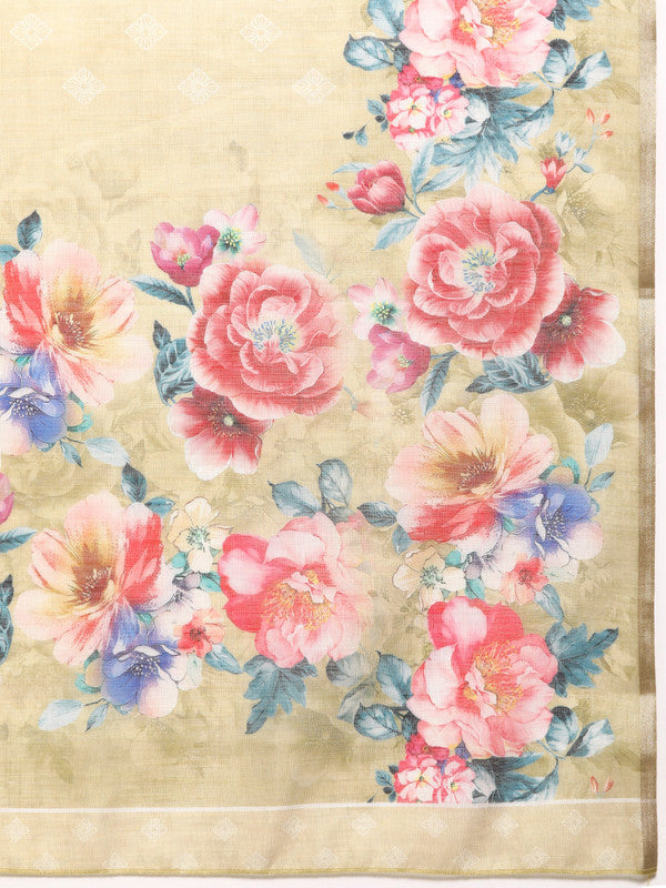 Beige Cotton Blend Digital Print Floral Saree with Unstitched Blouse - Hiral Fashion | Grocsy
