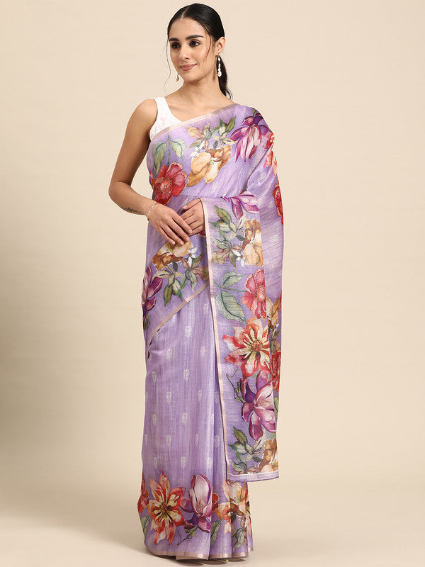 Lavender Cotton Blend Digital Print Floral Saree with Unstitched Blouse - Hiral Fashion | Grocsy