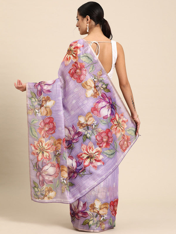 Lavender Cotton Blend Digital Print Floral Saree with Unstitched Blouse - Hiral Fashion | Grocsy
