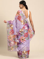Lavender Cotton Blend Digital Print Floral Saree with Unstitched Blouse - Hiral Fashion | Grocsy