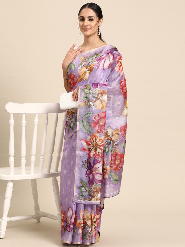 Lavender Cotton Blend Digital Print Floral Saree with Unstitched Blouse - Hiral Fashion | Grocsy