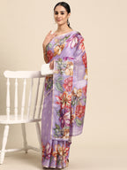 Lavender Cotton Blend Digital Print Floral Saree with Unstitched Blouse - Hiral Fashion | Grocsy