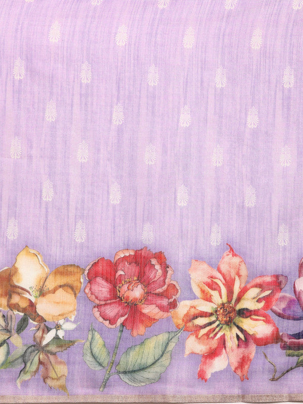 Lavender Cotton Blend Digital Print Floral Saree with Unstitched Blouse - Hiral Fashion | Grocsy