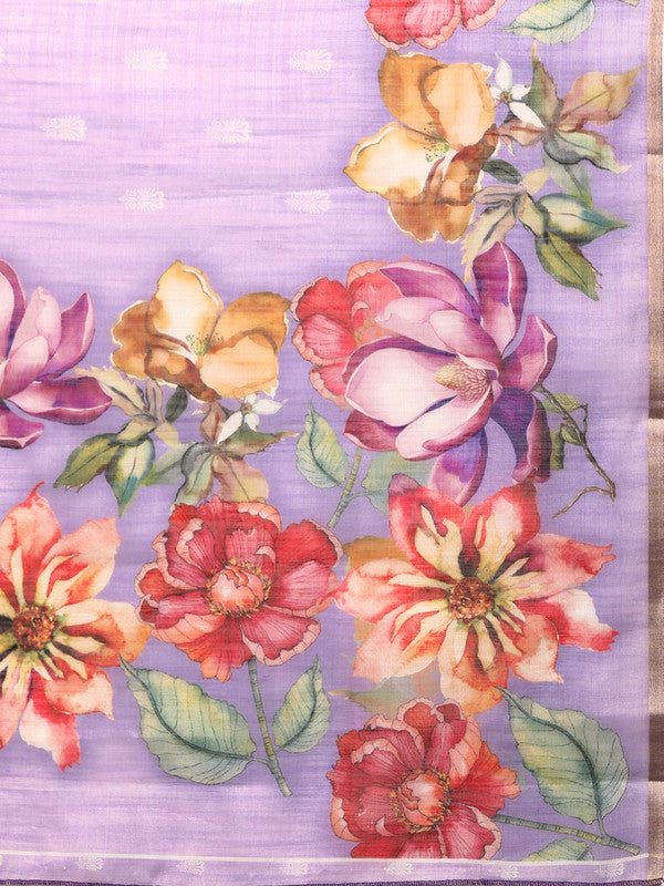 Lavender Cotton Blend Digital Print Floral Saree with Unstitched Blouse - Hiral Fashion | Grocsy