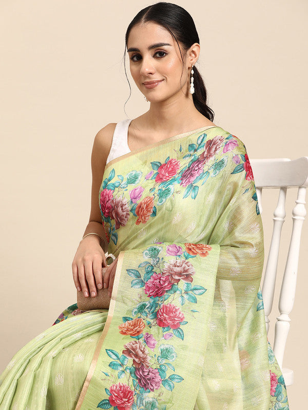 Olive Cotton Blend Digital Print Floral Saree with Unstitched Blouse - Hiral Fashion | Grocsy