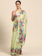 Olive Cotton Blend Digital Print Floral Saree with Unstitched Blouse - Hiral Fashion | Grocsy