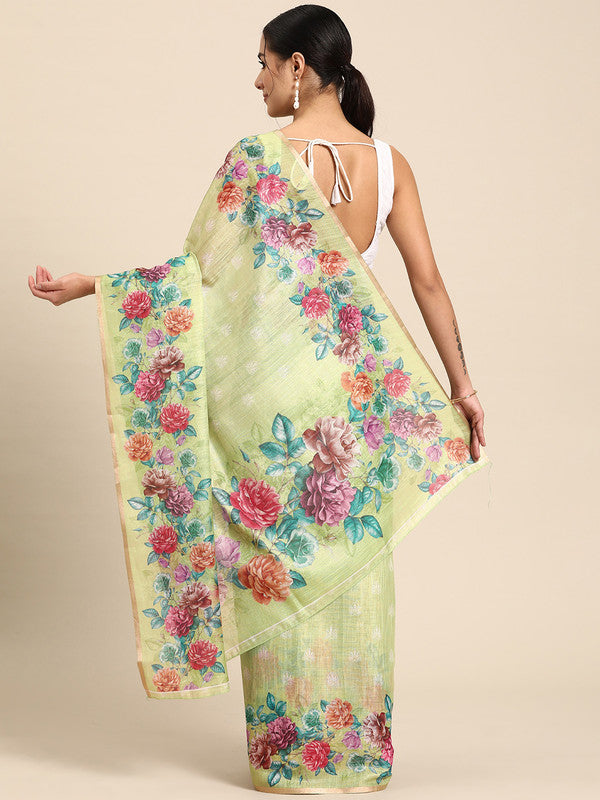 Olive Cotton Blend Digital Print Floral Saree with Unstitched Blouse - Hiral Fashion | Grocsy