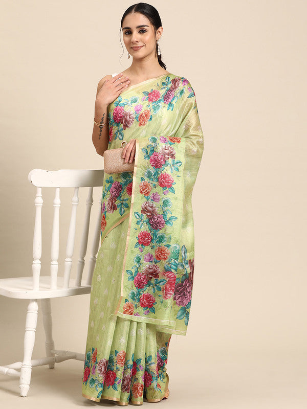 Olive Cotton Blend Digital Print Floral Saree with Unstitched Blouse - Hiral Fashion | Grocsy