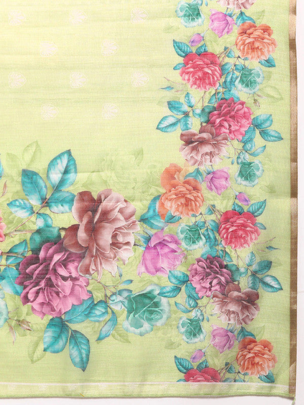 Olive Cotton Blend Digital Print Floral Saree with Unstitched Blouse - Hiral Fashion | Grocsy