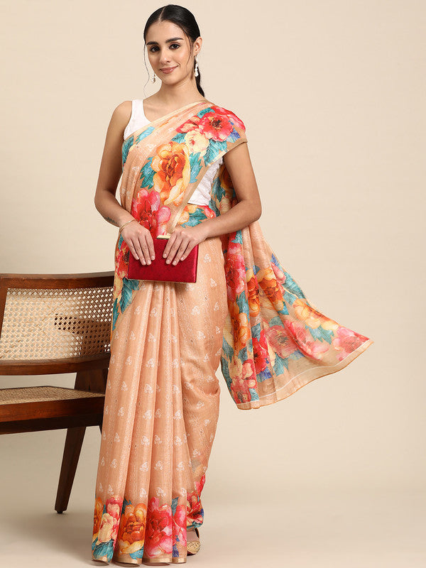 Peach Cotton Blend Digital Print Floral Saree with Unstitched Blouse - Hiral Fashion | Grocsy