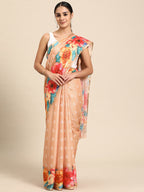 Peach Cotton Blend Digital Print Floral Saree with Unstitched Blouse - Hiral Fashion | Grocsy