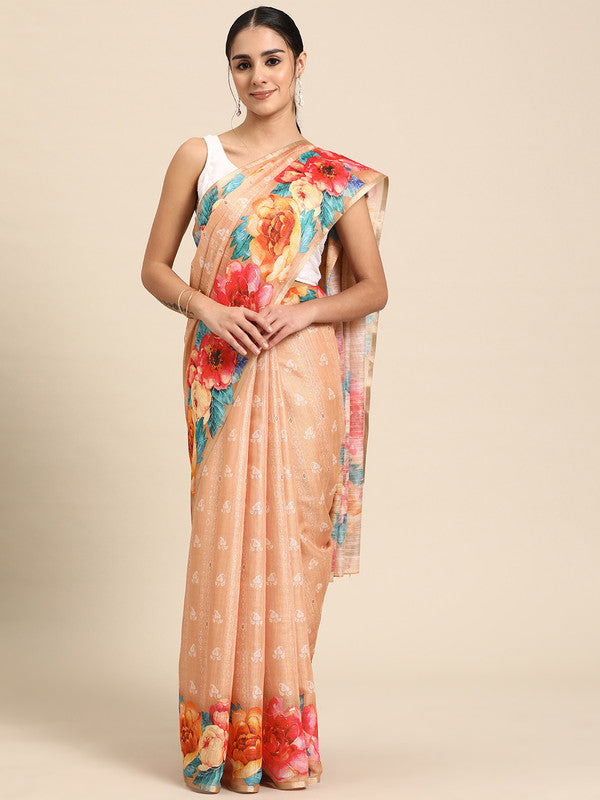 Peach Cotton Blend Digital Print Floral Saree with Unstitched Blouse - Hiral Fashion | Grocsy