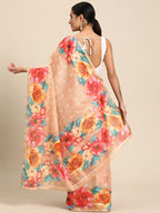 Peach Cotton Blend Digital Print Floral Saree with Unstitched Blouse - Hiral Fashion | Grocsy