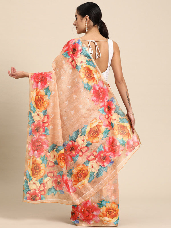 Peach Cotton Blend Digital Print Floral Saree with Unstitched Blouse - Hiral Fashion | Grocsy