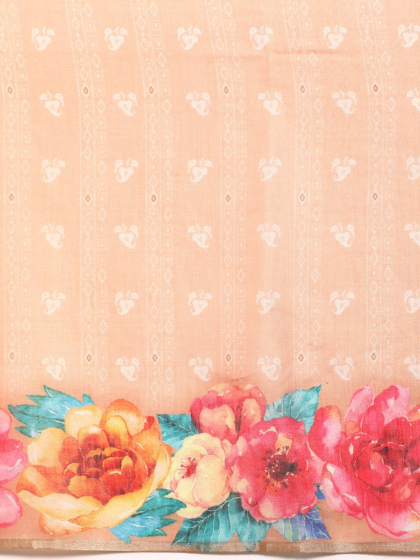 Peach Cotton Blend Digital Print Floral Saree with Unstitched Blouse - Hiral Fashion | Grocsy