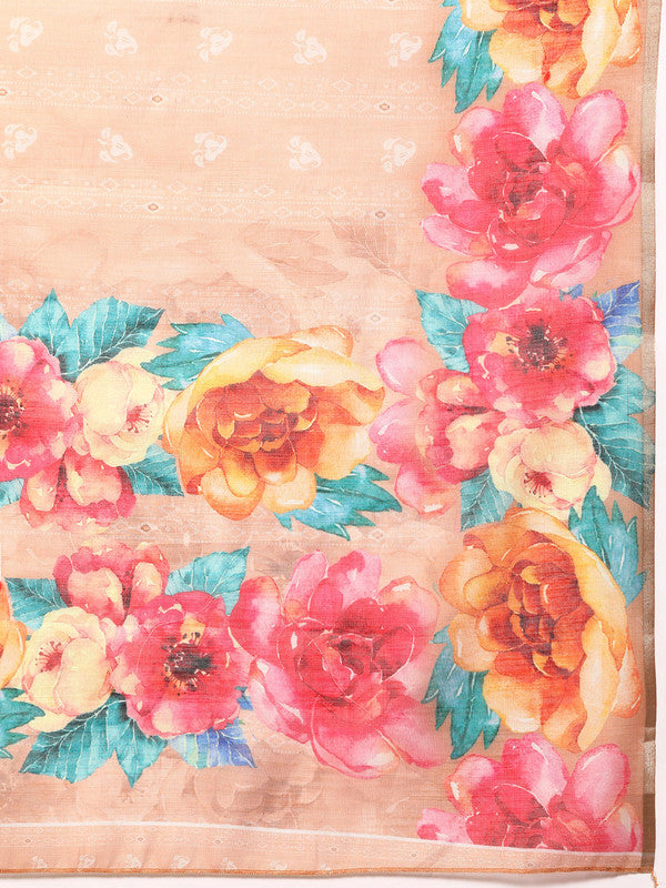 Peach Cotton Blend Digital Print Floral Saree with Unstitched Blouse - Hiral Fashion | Grocsy