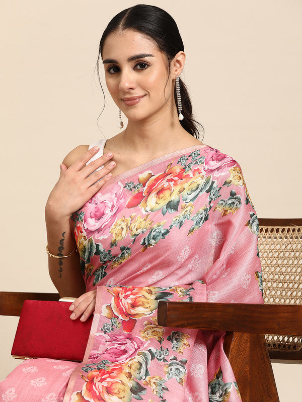 Pink Cotton Blend Digital Print Floral Saree with Unstitched Blouse - Hiral Fashion | Grocsy