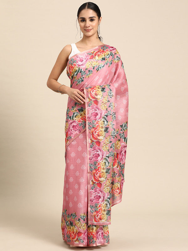 Pink Cotton Blend Digital Print Floral Saree with Unstitched Blouse - Hiral Fashion | Grocsy