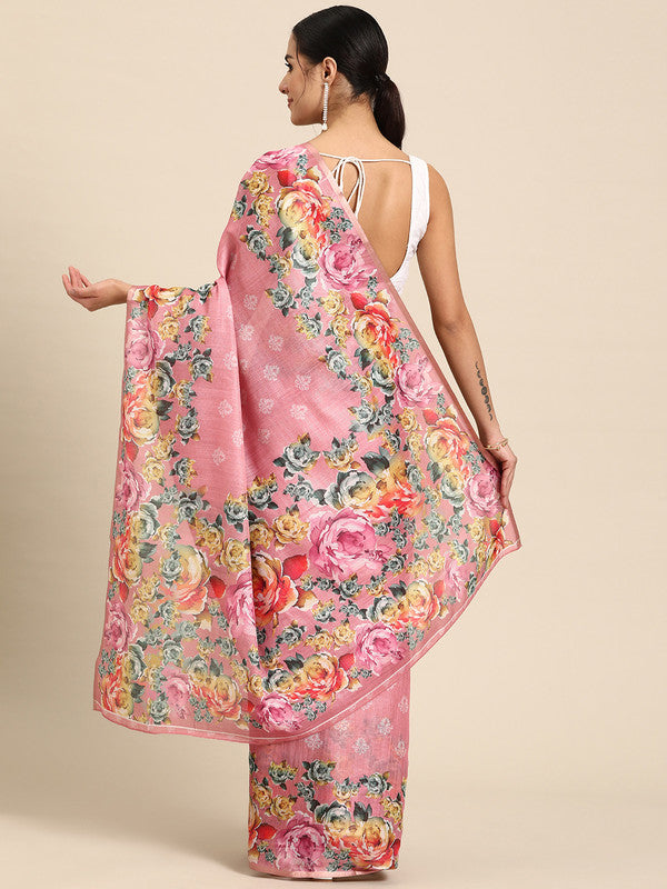Pink Cotton Blend Digital Print Floral Saree with Unstitched Blouse - Hiral Fashion | Grocsy
