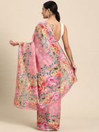 Pink Cotton Blend Digital Print Floral Saree with Unstitched Blouse - Hiral Fashion | Grocsy