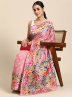 Pink Cotton Blend Digital Print Floral Saree with Unstitched Blouse - Hiral Fashion | Grocsy