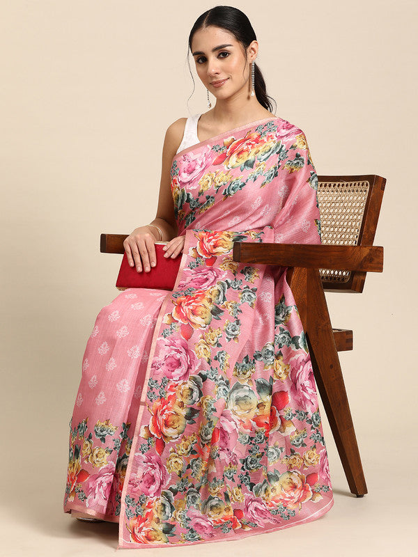 Pink Cotton Blend Digital Print Floral Saree with Unstitched Blouse - Hiral Fashion | Grocsy