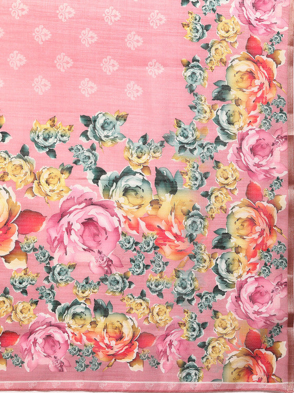 Pink Cotton Blend Digital Print Floral Saree with Unstitched Blouse - Hiral Fashion | Grocsy