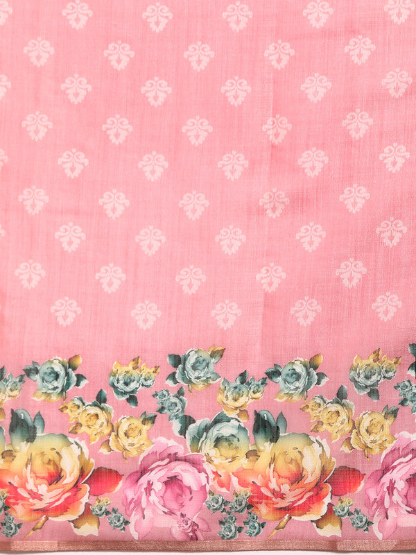 Pink Cotton Blend Digital Print Floral Saree with Unstitched Blouse - Hiral Fashion | Grocsy