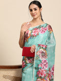 Turquoise Cotton Blend Digital Print Floral Saree with Unstitched Blouse - Hiral Fashion | Grocsy