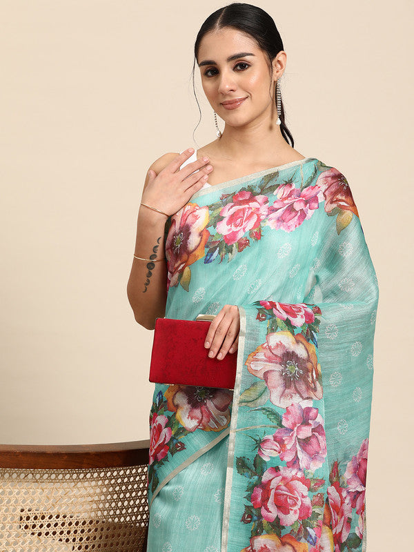 Turquoise Cotton Blend Digital Print Floral Saree with Unstitched Blouse - Hiral Fashion | Grocsy