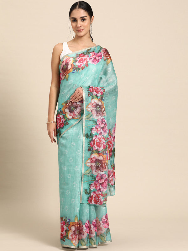 Turquoise Cotton Blend Digital Print Floral Saree with Unstitched Blouse - Hiral Fashion | Grocsy