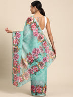 Turquoise Cotton Blend Digital Print Floral Saree with Unstitched Blouse - Hiral Fashion | Grocsy