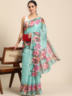 Turquoise Cotton Blend Digital Print Floral Saree with Unstitched Blouse - Hiral Fashion | Grocsy