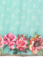 Turquoise Cotton Blend Digital Print Floral Saree with Unstitched Blouse - Hiral Fashion | Grocsy