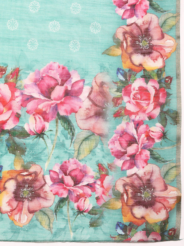Turquoise Cotton Blend Digital Print Floral Saree with Unstitched Blouse - Hiral Fashion | Grocsy