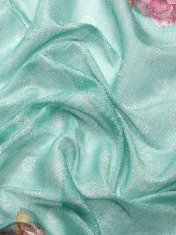 Turquoise Cotton Blend Digital Print Floral Saree with Unstitched Blouse - Hiral Fashion | Grocsy