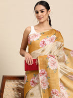 Beige Cotton Blend Digital Print Floral Saree with Unstitched Blouse - Hiral Fashion | Grocsy