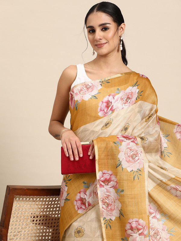 Beige Cotton Blend Digital Print Floral Saree with Unstitched Blouse - Hiral Fashion | Grocsy