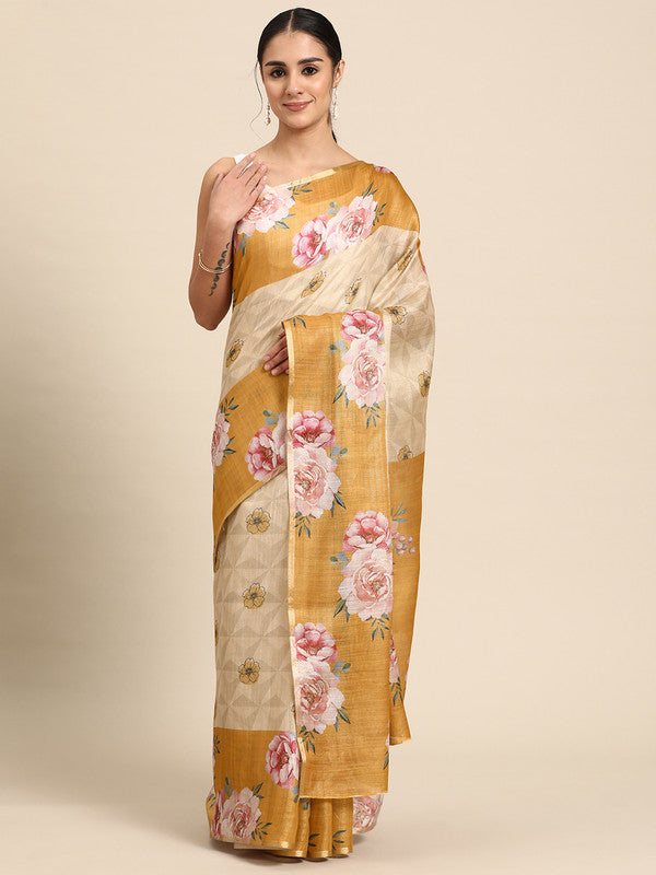Beige Cotton Blend Digital Print Floral Saree with Unstitched Blouse - Hiral Fashion | Grocsy
