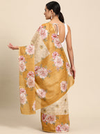 Beige Cotton Blend Digital Print Floral Saree with Unstitched Blouse - Hiral Fashion | Grocsy