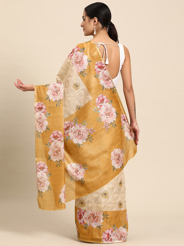 Beige Cotton Blend Digital Print Floral Saree with Unstitched Blouse - Hiral Fashion | Grocsy