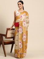Beige Cotton Blend Digital Print Floral Saree with Unstitched Blouse - Hiral Fashion | Grocsy