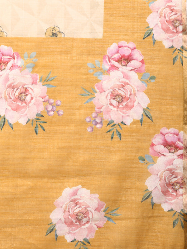 Beige Cotton Blend Digital Print Floral Saree with Unstitched Blouse - Hiral Fashion | Grocsy