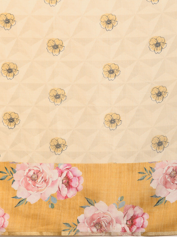 Beige Cotton Blend Digital Print Floral Saree with Unstitched Blouse - Hiral Fashion | Grocsy