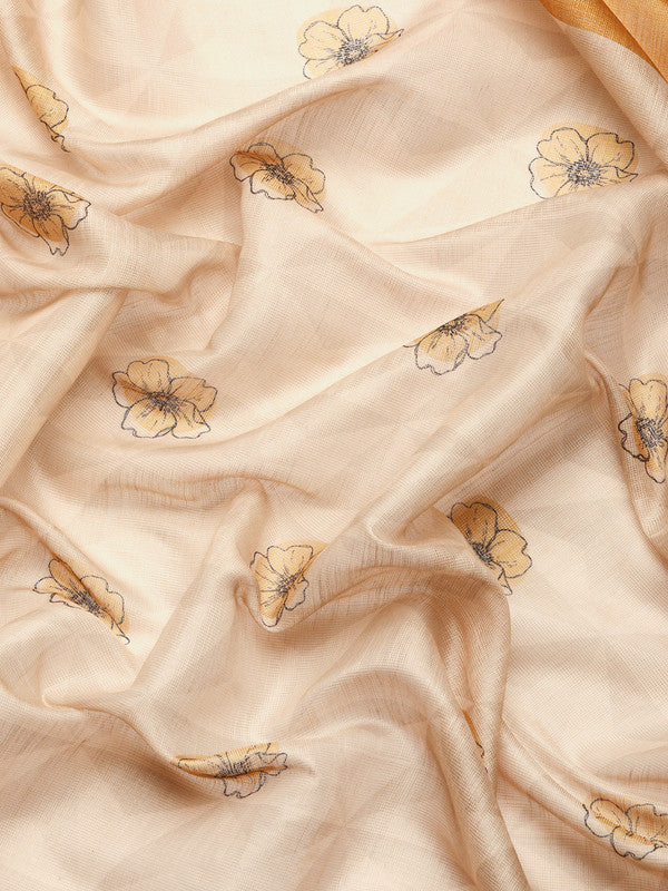 Beige Cotton Blend Digital Print Floral Saree with Unstitched Blouse - Hiral Fashion | Grocsy